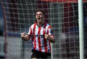 22 April 2024; Danny Mullen of Derry City celebrates his side's second goal, scored by team-mate Patrick Hoban, not pictured, during the SSE Airtricity Men's Premier Division match between Derry City and St Patrick's Athletic at The Ryan McBride Brandywell Stadium in Derry. Photo by Piaras Ó Mídheach/Sportsfile