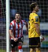22 April 2024; Danny Mullen of Derry City celebrates his side's second goal, scored by team-mate Patrick Hoban, during the SSE Airtricity Men's Premier Division match between Derry City and St Patrick's Athletic at The Ryan McBride Brandywell Stadium in Derry. Photo by Piaras Ó Mídheach/Sportsfile