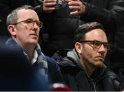 22 April 2024; FAI director of football Marc Canham, right, and FAI interim chief executive David Courell during the SSE Airtricity Men's Premier Division match between Shelbourne and Shamrock Rovers at Tolka Park in Dublin. Photo by Stephen McCarthy/Sportsfile