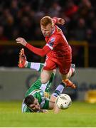 22 April 2024; Shane Farrell of Shelbourne in action against Dylan Watts of Shamrock Rovers during the SSE Airtricity Men's Premier Division match between Shelbourne and Shamrock Rovers at Tolka Park in Dublin. Photo by Stephen McCarthy/Sportsfile