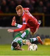 22 April 2024; Shane Farrell of Shelbourne in action against Dylan Watts of Shamrock Rovers during the SSE Airtricity Men's Premier Division match between Shelbourne and Shamrock Rovers at Tolka Park in Dublin. Photo by Stephen McCarthy/Sportsfile