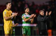 22 April 2024; Shamrock Rovers' Roberto Lopes, centre, goalkeeper Leon Pohls, left, and assistant coach Glenn Cronin after the SSE Airtricity Men's Premier Division match between Shelbourne and Shamrock Rovers at Tolka Park in Dublin. Photo by Stephen McCarthy/Sportsfile
