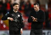 22 April 2024; St Patrick's Athletic manager Jon Daly with St Patrick's Athletic goalkeeper Danny Rogers after their side's defeat in the SSE Airtricity Men's Premier Division match between Derry City and St Patrick's Athletic at The Ryan McBride Brandywell Stadium in Derry. Photo by Piaras Ó Mídheach/Sportsfile