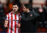 22 April 2024; Derry City manager Ruaidhrí Higgins with Patrick Hoban after the SSE Airtricity Men's Premier Division match between Derry City and St Patrick's Athletic at The Ryan McBride Brandywell Stadium in Derry. Photo by Piaras Ó Mídheach/Sportsfile