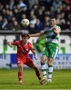 22 April 2024; Josh Honohan of Shamrock Rovers in action against Matty Smith of Shelbourne during the SSE Airtricity Men's Premier Division match between Shelbourne and Shamrock Rovers at Tolka Park in Dublin. Photo by Shauna Clinton/Sportsfile