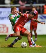 22 April 2024; John O'Sullivan of Shelbourne in action against Darragh Nugent of Shamrock Rovers during the SSE Airtricity Men's Premier Division match between Shelbourne and Shamrock Rovers at Tolka Park in Dublin. Photo by Shauna Clinton/Sportsfile
