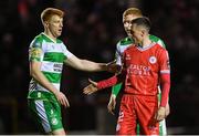22 April 2024; Dean Williams of Shelbourne and Rory Gaffney of Shamrock Rovers shake hands after their side's draw in the SSE Airtricity Men's Premier Division match between Shelbourne and Shamrock Rovers at Tolka Park in Dublin. Photo by Shauna Clinton/Sportsfile