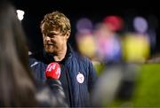 22 April 2024; Shelbourne manager Damien Duff speaks to Newstalk's Off The Ball after the SSE Airtricity Men's Premier Division match between Shelbourne and Shamrock Rovers at Tolka Park in Dublin. Photo by Stephen McCarthy/Sportsfile