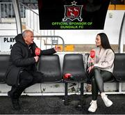23 April 2024; Noel King speaking to Aisling O'Reilly from OffTheBall as he is unveiled as the new Dundalk FC Manager during a Dundalk FC press conference at Oriel Park in Dundalk, Louth. Photo by David Fitzgerald/Sportsfile