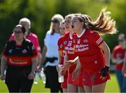 21 April 2024; Tyrone goalkeeper Hollie Croucher encourages her team-mates during the Electric Ireland All-Ireland Camogie Minor C semi-final match between Tyrone and Wicklow at Dunganny in Meath. Photo by Sam Barnes/Sportsfile