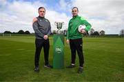 23 April 2024; Glebe North manager Darius Kierans and captain Noel Barrett poses for a portrait during the FAI Intermediate Cup Final media day at FAI Headquarters in Abbotstown, Dublin. The FAI Intermediate Cup Final 2023/24 between Glebe North FC of the Leinster Senior League and Ringmahon Rangers FC of the Munster Senior League takes place at Weaver's Park in Drogehda, Louth, on Sunday April 28th at 2.30pm. Photo by Stephen McCarthy/Sportsfile