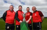 23 April 2024; Ringmahon Rangers representatives, from left, assistant manager John Naughton, manager Aidan Foley, captain Anthony McAlavey and chairman Paul Higgins during the FAI Intermediate Cup Final media day at FAI Headquarters in Abbotstown, Dublin. The FAI Intermediate Cup Final 2023/24 between Glebe North FC of the Leinster Senior League and Ringmahon Rangers FC of the Munster Senior League takes place at Weaver's Park in Drogehda, Louth, on Sunday April 28th at 2.30pm. Photo by Stephen McCarthy/Sportsfile