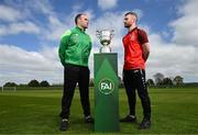 23 April 2024; Glebe North captain Noel Barrett, left, and Ringmahon Rangers captain Anthony McAlavey during the FAI Intermediate Cup Final media day at FAI Headquarters in Abbotstown, Dublin. The FAI Intermediate Cup Final 2023/24 between Glebe North FC of the Leinster Senior League and Ringmahon Rangers FC of the Munster Senior League takes place at Weaver's Park in Drogehda, Louth, on Sunday April 28th at 2.30pm. Photo by Stephen McCarthy/Sportsfile
