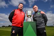 23 April 2024; Ringmahon Rangers manager Aidan Foley, left, and Glebe North manager Darius Kierans during the FAI Intermediate Cup Final media day at FAI Headquarters in Abbotstown, Dublin. The FAI Intermediate Cup Final 2023/24 between Glebe North FC of the Leinster Senior League and Ringmahon Rangers FC of the Munster Senior League takes place at Weaver's Park in Drogehda, Louth, on Sunday April 28th at 2.30pm. Photo by Stephen McCarthy/Sportsfile