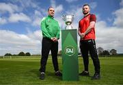 23 April 2024; Glebe North captain Noel Barrett, left, and Ringmahon Rangers captain Anthony McAlavey during the FAI Intermediate Cup Final media day at FAI Headquarters in Abbotstown, Dublin. The FAI Intermediate Cup Final 2023/24 between Glebe North FC of the Leinster Senior League and Ringmahon Rangers FC of the Munster Senior League takes place at Weaver's Park in Drogehda, Louth, on Sunday April 28th at 2.30pm. Photo by Stephen McCarthy/Sportsfile