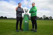 23 April 2024; Glebe North manager Darius Kierans and captain Noel Barrett poses for a portrait during the FAI Intermediate Cup Final media day at FAI Headquarters in Abbotstown, Dublin. The FAI Intermediate Cup Final 2023/24 between Glebe North FC of the Leinster Senior League and Ringmahon Rangers FC of the Munster Senior League takes place at Weaver's Park in Drogehda, Louth, on Sunday April 28th at 2.30pm. Photo by Stephen McCarthy/Sportsfile