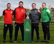 23 April 2024; Ringmahon Rangers captain Anthony McAlavey, left, and manager Aidan Foley with Glebe North manager Darius Kierans and captain Noel Barrett, right, during the FAI Intermediate Cup Final media day at FAI Headquarters in Abbotstown, Dublin. The FAI Intermediate Cup Final 2023/24 between Glebe North FC of the Leinster Senior League and Ringmahon Rangers FC of the Munster Senior League takes place at Weaver's Park in Drogehda, Louth, on Sunday April 28th at 2.30pm. Photo by Stephen McCarthy/Sportsfile