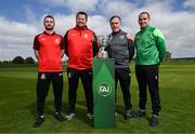 23 April 2024; Ringmahon Rangers captain Anthony McAlavey, left, and manager Aidan Foley with Glebe North manager Darius Kierans and captain Noel Barrett, right, during the FAI Intermediate Cup Final media day at FAI Headquarters in Abbotstown, Dublin. The FAI Intermediate Cup Final 2023/24 between Glebe North FC of the Leinster Senior League and Ringmahon Rangers FC of the Munster Senior League takes place at Weaver's Park in Drogehda, Louth, on Sunday April 28th at 2.30pm. Photo by Stephen McCarthy/Sportsfile