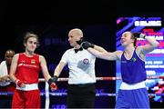 23 April 2024; Shannon Sweeney of Ireland, right, is declared the winner over Laura Fuertes Fernandez of Spain after their Women's 50kg light flyweight quarter-final bout during the 2024 European Boxing Championships at Aleksandar Nikolic Hall in Belgrade, Serbia. Photo by Nikola Krstic/Sportsfile