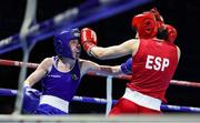 23 April 2024; Shannon Sweeney of Ireland, left, in action against Laura Fuertes Fernandez of Spain during their Women's 50kg light flyweight quarter-final bout during the 2024 European Boxing Championships at Aleksandar Nikolic Hall in Belgrade, Serbia. Photo by Nikola Krstic/Sportsfile