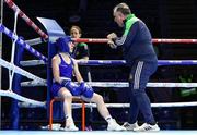 23 April 2024; Shannon Sweeney of Ireland receives instructions from coach Zaur Antia during her Women's 50kg light flyweight quarter-final bout againt Laura Fuertes Fernandez of Spain during the 2024 European Boxing Championships at Aleksandar Nikolic Hall in Belgrade, Serbia. Photo by Nikola Krstic/Sportsfile