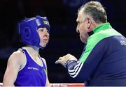 23 April 2024; Shannon Sweeney of Ireland receives instructions from coach Zaur Antia during her Women's 50kg light flyweight quarter-final bout againt Laura Fuertes Fernandez of Spain during the 2024 European Boxing Championships at Aleksandar Nikolic Hall in Belgrade, Serbia. Photo by Nikola Krstic/Sportsfile