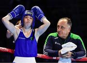23 April 2024; Shannon Sweeney of Ireland and coach Zaur Antia before her Women's 50kg light flyweight quarter-final bout againt Laura Fuertes Fernandez of Spain during the 2024 European Boxing Championships at Aleksandar Nikolic Hall in Belgrade, Serbia. Photo by Nikola Krstic/Sportsfile
