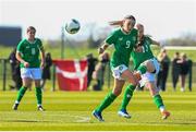 23 April 2024; Maeve Wollmer, right, of Republic of Ireland shoots to score her side's first goal during the women's under 16's international friendly match between Republic of Ireland and Denmark at the FAI National Training Centre in Abbotstown, Dublin. Photo by Stephen McCarthy/Sportsfile