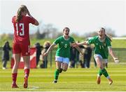 23 April 2024; Maeve Wollmer, 11, of Republic of Ireland celebrates after scoring her side's first goal during the women's under 16's international friendly match between Republic of Ireland and Denmark at the FAI National Training Centre in Abbotstown, Dublin. Photo by Stephen McCarthy/Sportsfile