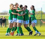 23 April 2024; Republic of Ireland players celebrate after Maeve Wollmer, second from left, scored their side's first goal during the women's under 16's international friendly match between Republic of Ireland and Denmark at the FAI National Training Centre in Abbotstown, Dublin. Photo by Stephen McCarthy/Sportsfile