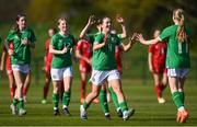 23 April 2024; Heather Loomes, 4, celebrates with her Republic of Ireland team-mate Maeve Wollmer, right, after she scored the winning penalty in the shoot-out of the women's under 16's international friendly match between Republic of Ireland and Denmark at the FAI National Training Centre in Abbotstown, Dublin. Photo by Stephen McCarthy/Sportsfile