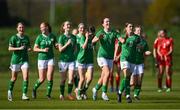 23 April 2024; Republic of Ireland players, including Heather Loomes, 4, celebrate after winning the penalty shoot-out of the women's under 16's international friendly match between Republic of Ireland and Denmark at the FAI National Training Centre in Abbotstown, Dublin. Photo by Stephen McCarthy/Sportsfile