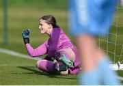 23 April 2024; Republic of Ireland goalkeeper Laura Fanning celebrates after saving a penalty in the shoot-out of the women's under 16's international friendly match between Republic of Ireland and Denmark at the FAI National Training Centre in Abbotstown, Dublin. Photo by Stephen McCarthy/Sportsfile