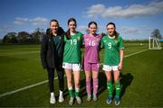 23 April 2024; Republic of Ireland and Shamrock Rovers players, from left, Anna Butler, Ciara Milton, Laura Fanning and Ella Kelly after the women's under 16's international friendly match between Republic of Ireland and Denmark at the FAI National Training Centre in Abbotstown, Dublin. Photo by Stephen McCarthy/Sportsfile