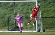23 April 2024; Astrid Baltersen of Denmark scores her side's goal past Republic of Ireland goalkeeper Laura Fanning during the women's under 16's international friendly match between Republic of Ireland and Denmark at the FAI National Training Centre in Abbotstown, Dublin. Photo by Stephen McCarthy/Sportsfile