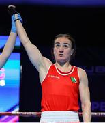 23 April 2024; Kellie Harrington of Ireland is declared victorious over Ozer Gizem of Turkey in their Women's 60kg lightweight quarter-final bout during the 2024 European Boxing Championships at Aleksandar Nikolic Hall in Belgrade, Serbia. Photo by Nikola Krstic/Sportsfile