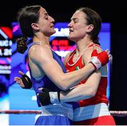 23 April 2024; Kellie Harrington of Ireland, right, embraces Ozer Gizem of Turkey after defeating her in their Women's 60kg lightweight quarter-final bout during the 2024 European Boxing Championships at Aleksandar Nikolic Hall in Belgrade, Serbia. Photo by Nikola Krstic/Sportsfile