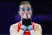 23 April 2024; Kellie Harrington of Ireland reacts after defeating Ozer Gizem of Turkey in their Women's 60kg lightweight quarter-final bout during the 2024 European Boxing Championships at Aleksandar Nikolic Hall in Belgrade, Serbia. Photo by Nikola Krstic/Sportsfile