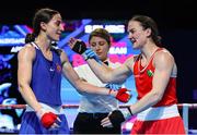 23 April 2024; Kellie Harrington of Ireland, right, embraces Ozer Gizem of Turkey after defeating her in their Women's 60kg lightweight quarter-final bout during the 2024 European Boxing Championships at Aleksandar Nikolic Hall in Belgrade, Serbia. Photo by Nikola Krstic/Sportsfile