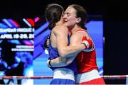 23 April 2024; Kellie Harrington of Ireland, right, embraces Ozer Gizem of Turkey after defeating her in their Women's 60kg lightweight quarter-final bout during the 2024 European Boxing Championships at Aleksandar Nikolic Hall in Belgrade, Serbia. Photo by Nikola Krstic/Sportsfile