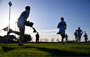 23 April 2024; Kildare players make their way to the pitch for the warm-ups before the EirGrid Leinster GAA Football U20 Championship semi-final match between Kildare and Meath at Manguard Park at the Kildare GAA Centre of Excellence in Hawkfield, Kildare. Photo by Tyler Miller/Sportsfile