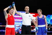 23 April 2024; Jessica Triebelova of Slovakia, left, is declared victorious over Lisa O'Rourke of Ireland in their Women's 66kg welterweight quarter-final bout during the 2024 European Boxing Championships at Aleksandar Nikolic Hall in Belgrade, Serbia. Photo by Nikola Krstic/Sportsfile
