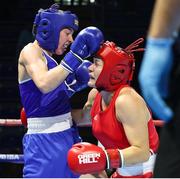 23 April 2024; Lisa O'Rourke of Ireland, left, in action against Jessica Triebelova of Slovakia in their Women's 66kg welterweight quarter-final bout during the 2024 European Boxing Championships at Aleksandar Nikolic Hall in Belgrade, Serbia. Photo by Nikola Krstic/Sportsfile