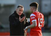 23 April 2024; Louth manager Fergal Reel, left, speaks with Aaron McGlew of Louth before the EirGrid Leinster GAA Football U20 Championship semi-final match between Dublin and Louth at Parnell Park in Dublin. Photo by Sam Barnes/Sportsfile