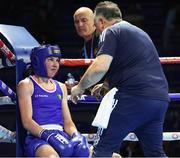 23 April 2024; Lisa O'Rourke of Ireland receives instructions from coach Zaur Antia during her Women's 66kg welterweight quarter-final bout against Jessica Triebelova of Slovakia during the 2024 European Boxing Championships at Aleksandar Nikolic Hall in Belgrade, Serbia. Photo by Nikola Krstic/Sportsfile