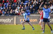 23 April 2024; Mark McNally of Dublin celebrates  scoring a point during the EirGrid Leinster GAA Football U20 Championship semi-final match between Dublin and Louth at Parnell Park in Dublin. Photo by Sam Barnes/Sportsfile