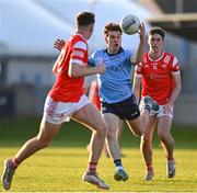 23 April 2024; Mark McNally of Dublin in action against Kieran McArdle, right, and Pearse Grimes Murphy of Louth during the EirGrid Leinster GAA Football U20 Championship semi-final match between Dublin and Louth at Parnell Park in Dublin. Photo by Sam Barnes/Sportsfile