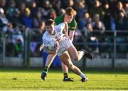 23 April 2024; Sam Savage of Kildare in action against Killian Smyth of Meath during the EirGrid Leinster GAA Football U20 Championship semi-final match between Kildare and Meath at Manguard Park at the Kildare GAA Centre of Excellence in Hawkfield, Kildare. Photo by Tyler Miller/Sportsfile