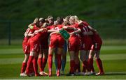 23 April 2024; Denmark players huddle before the women's under 16's international friendly match between Republic of Ireland and Denmark at the FAI National Training Centre in Abbotstown, Dublin. Photo by Stephen McCarthy/Sportsfile