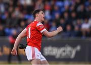 23 April 2024; Kieran McArdle of Louth celebrates a score during the EirGrid Leinster GAA Football U20 Championship semi-final match between Dublin and Louth at Parnell Park in Dublin. Photo by Sam Barnes/Sportsfile